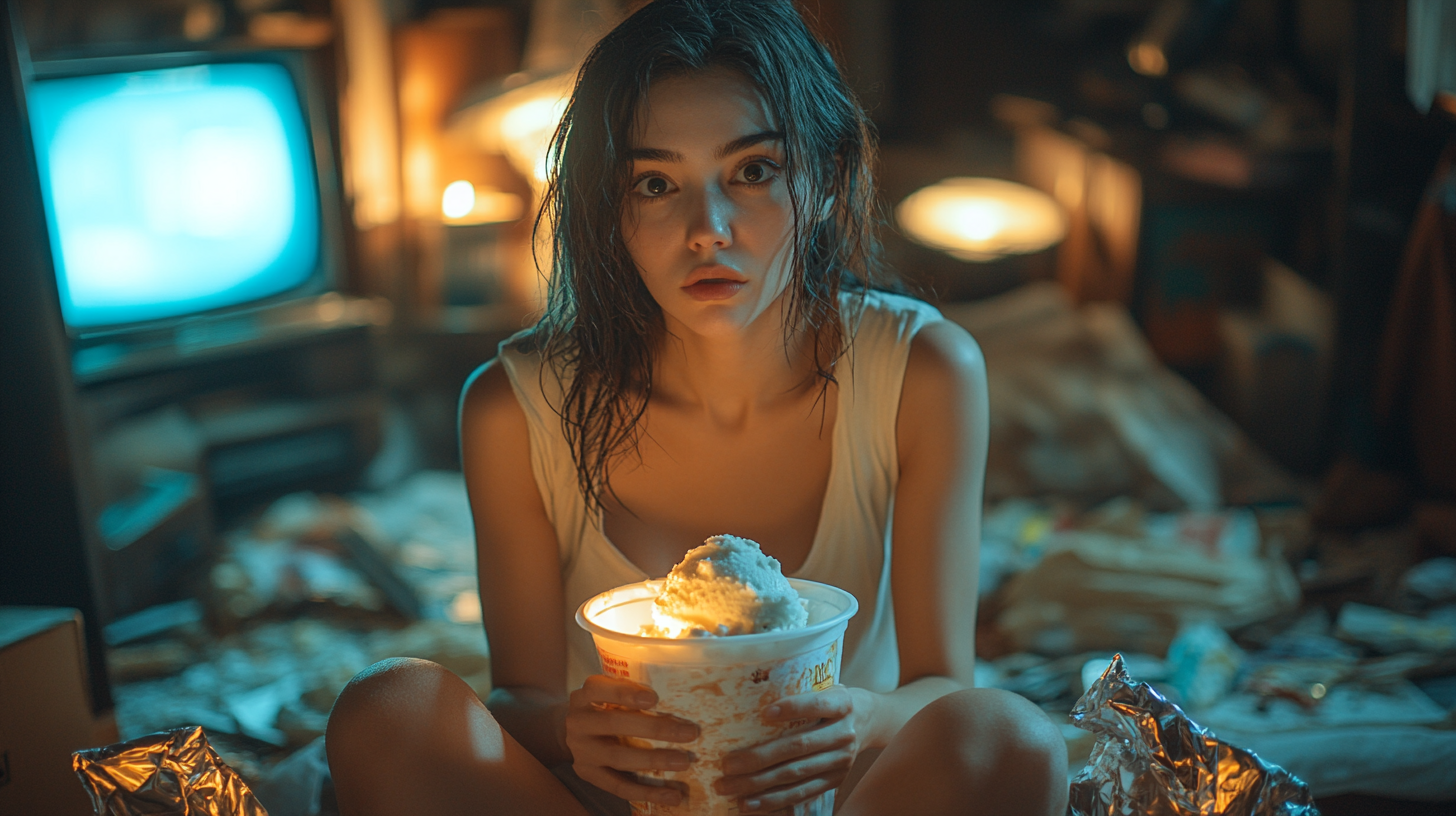 A Woman Eating Ice Cream in Messy Room