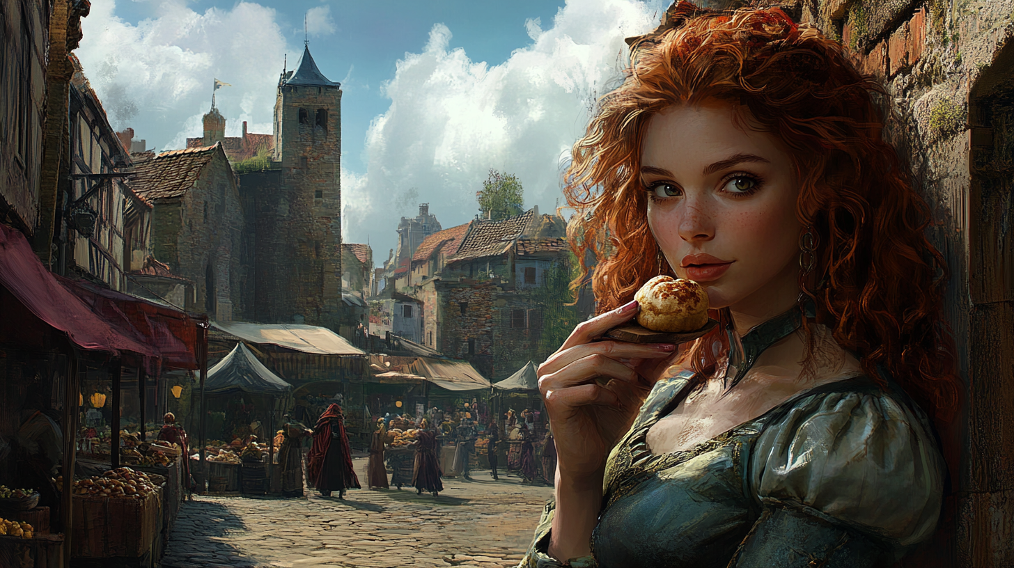 A Woman Eating a Bun in Fantasy Town