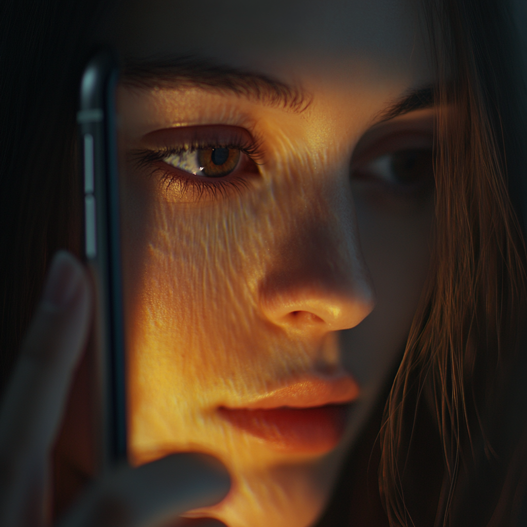 A Woman Gazing at Smartphone with her Reflection