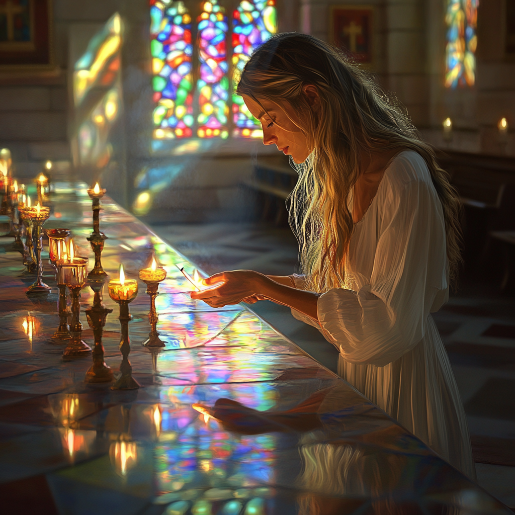 A Woman Lighting Candle in Tranquil Chapel