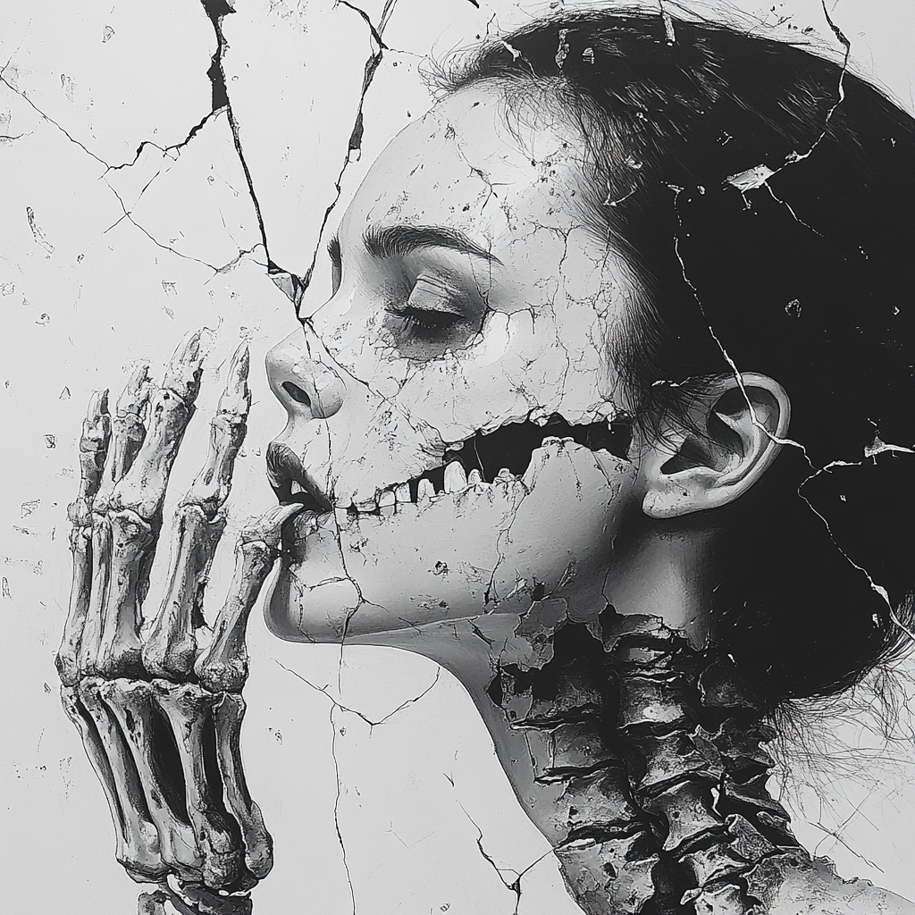 A Woman Loving Skeleton Amid Shattered Porcelain