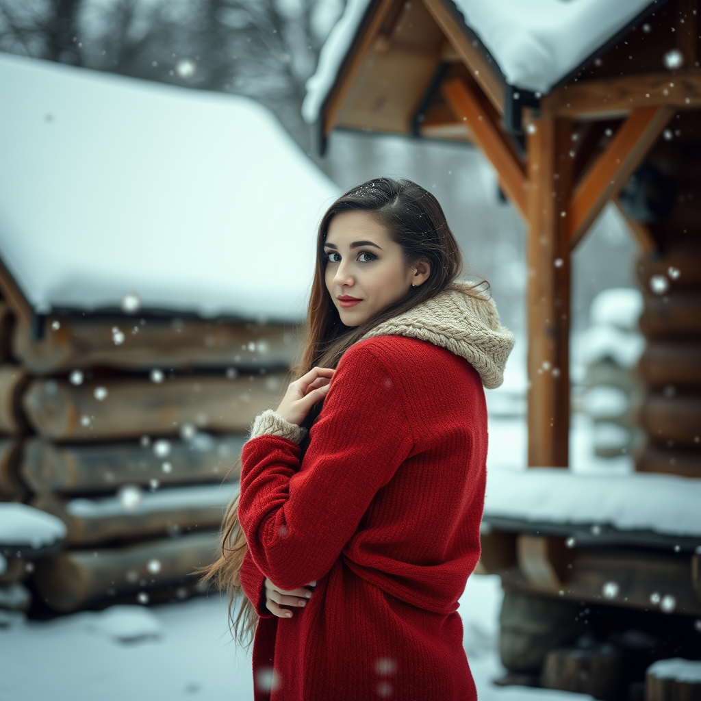 A Woman Posing Beside a Snowy Wooden Hut