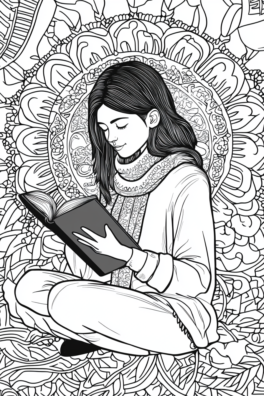 A Woman Reading in Zen Mandala Scene