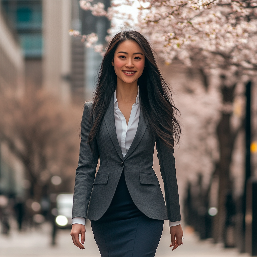 A Woman Smiling in Cherry Blossom Business District