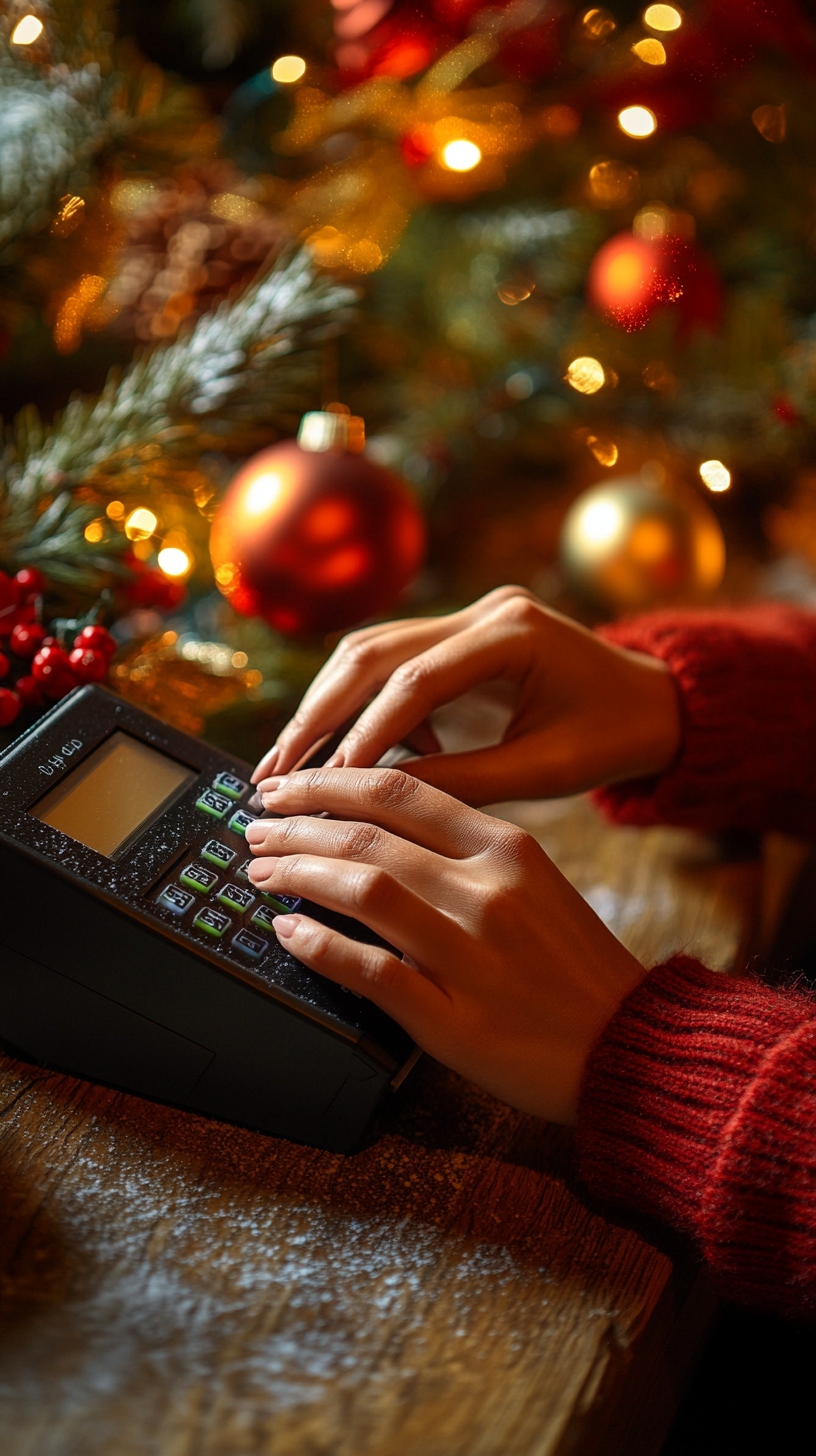 A Woman Using POS Machine in Christmas Shopping