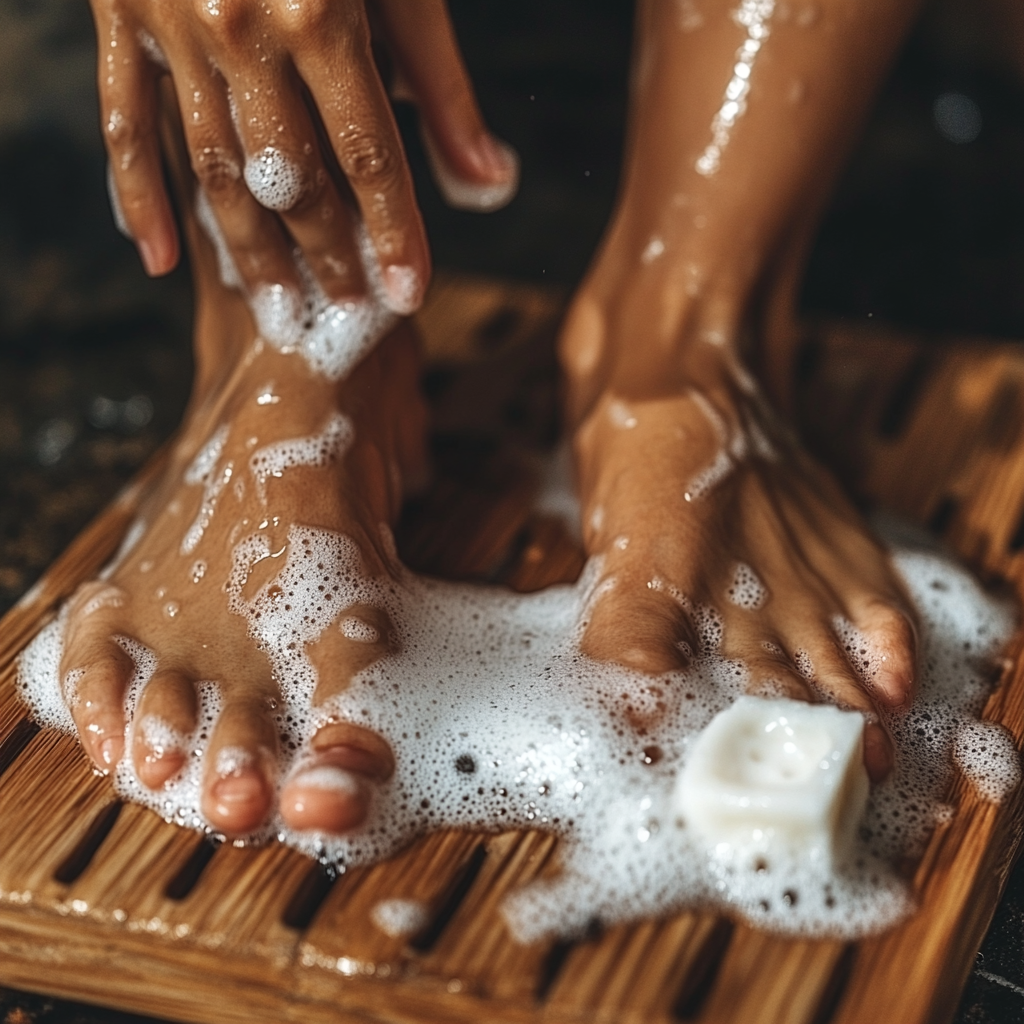 A Woman Washes Her Feet with Soap