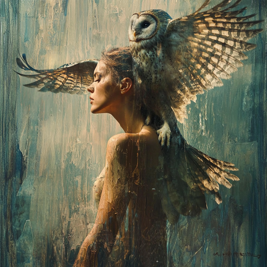 A Woman and an Owl in Flight Portrait