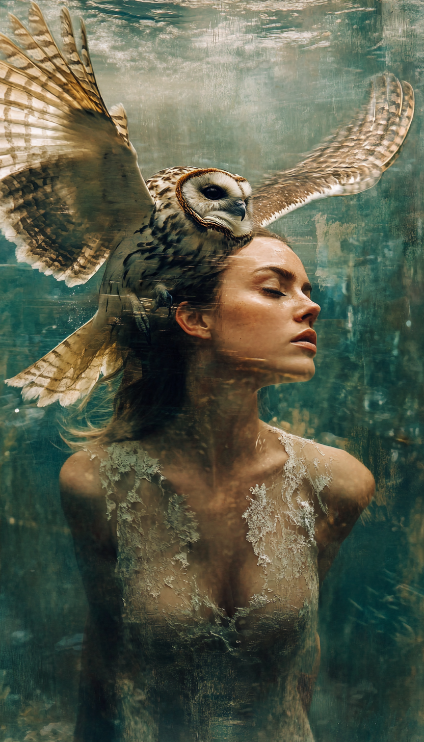 A Woman and an Owl in Flight