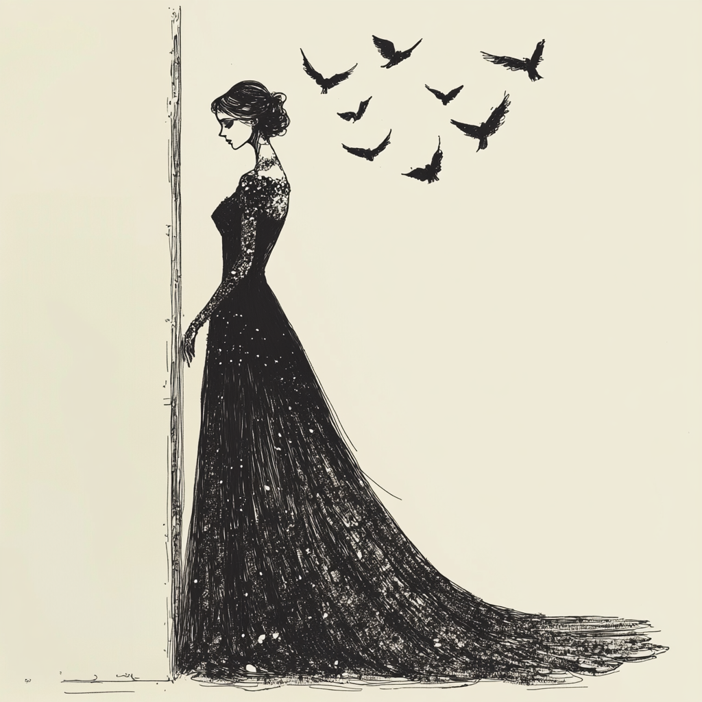 A Woman in Flowing Gown with Black Birds