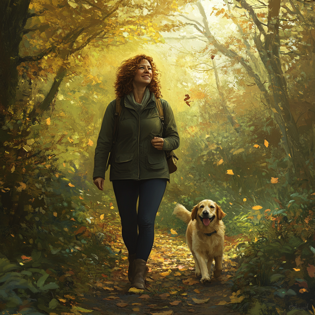 A Woman in Forest Path with Golden Retriever