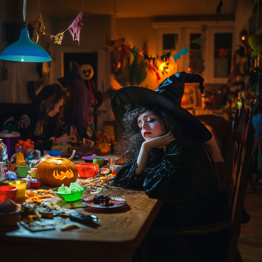 A Woman in Halloween Costume Tired at Celebration