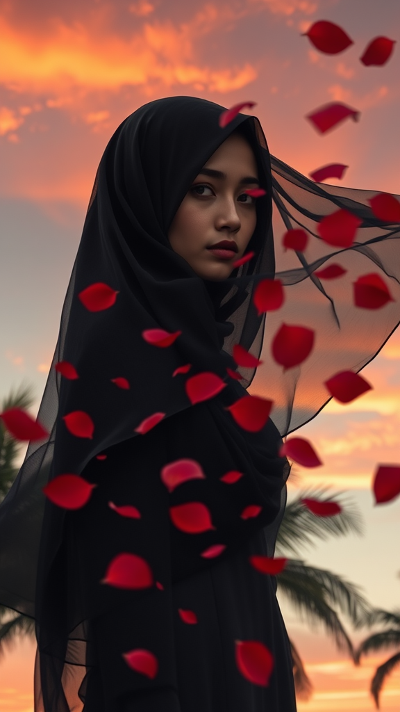 A Woman in Hijab Amidst Rose Leaves at Sunset