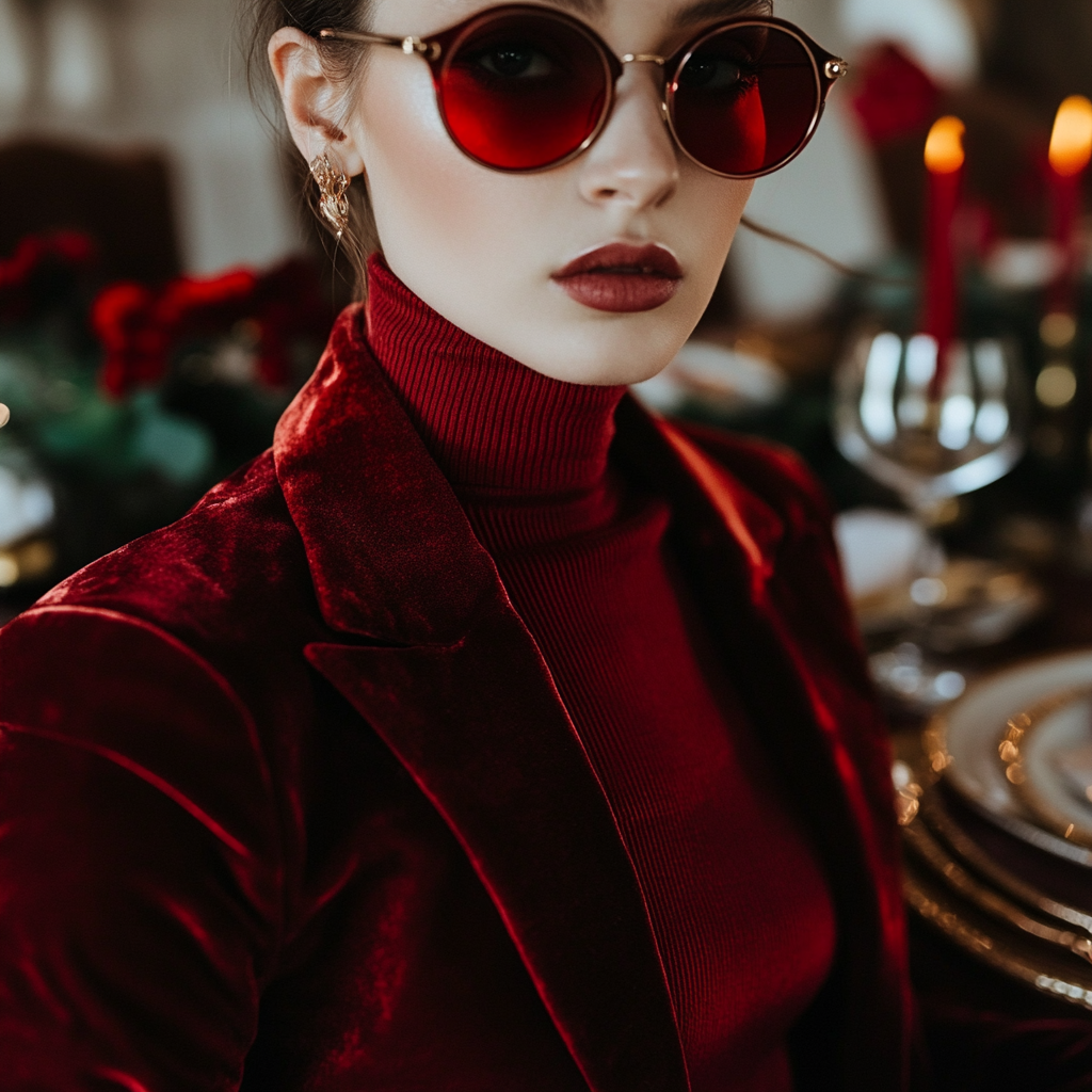 A Woman in a Red Blazer on a Holiday Table