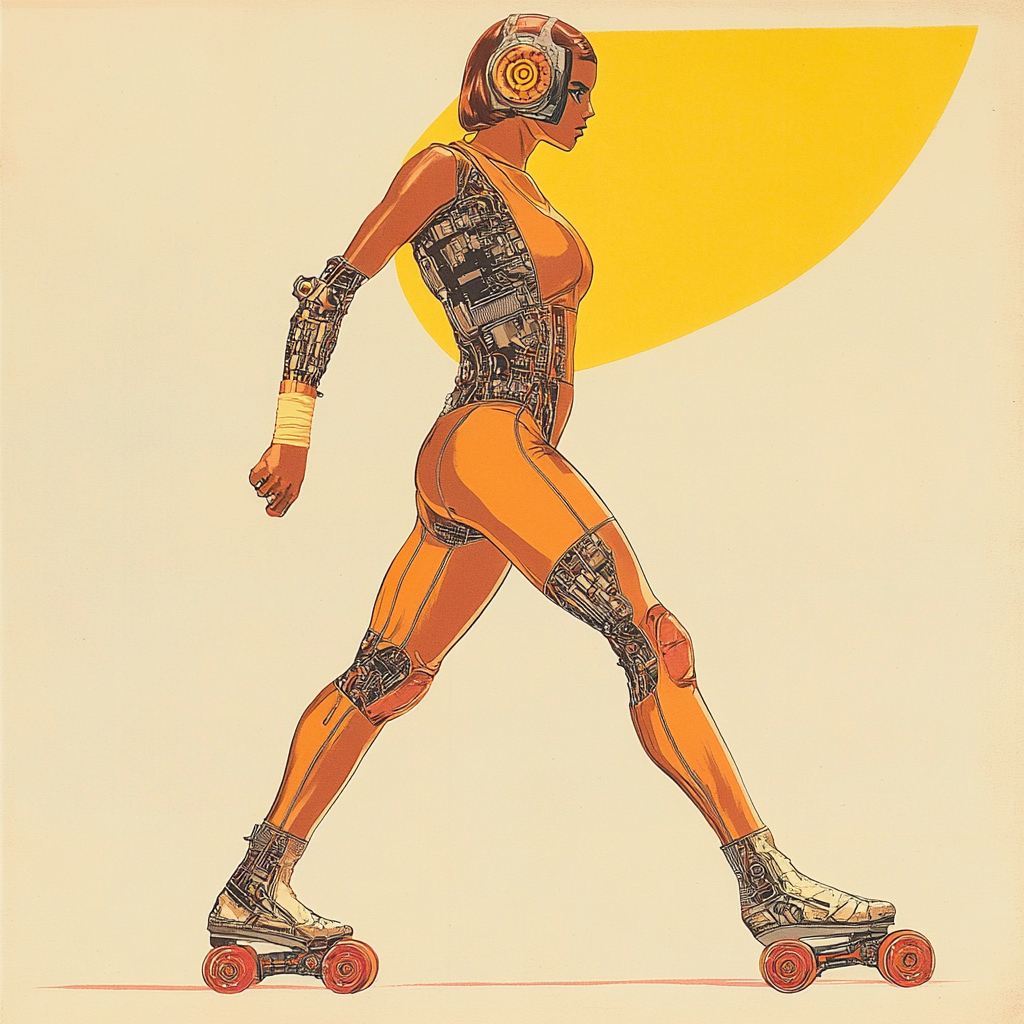 A Woman with Fembot Face Roller Skates Jogging