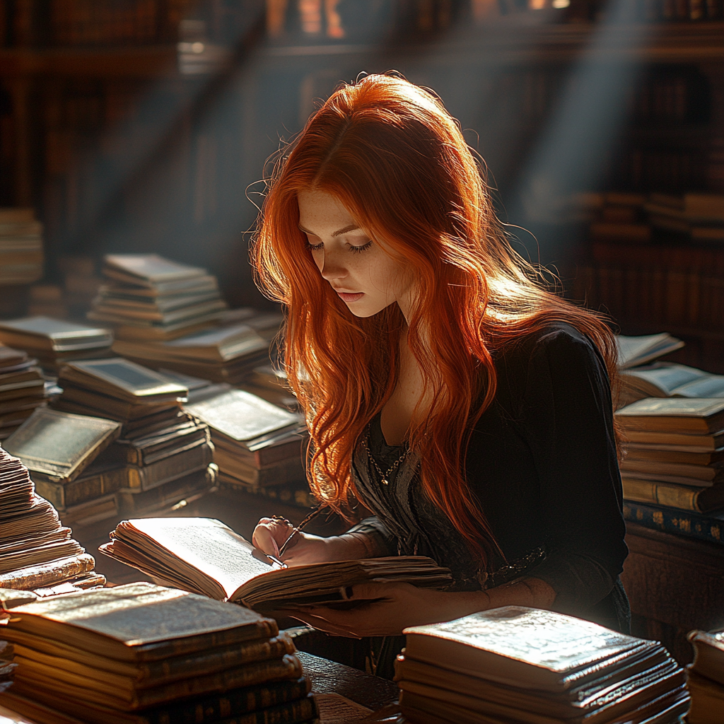 A Woman with Red Hair Researching in Library