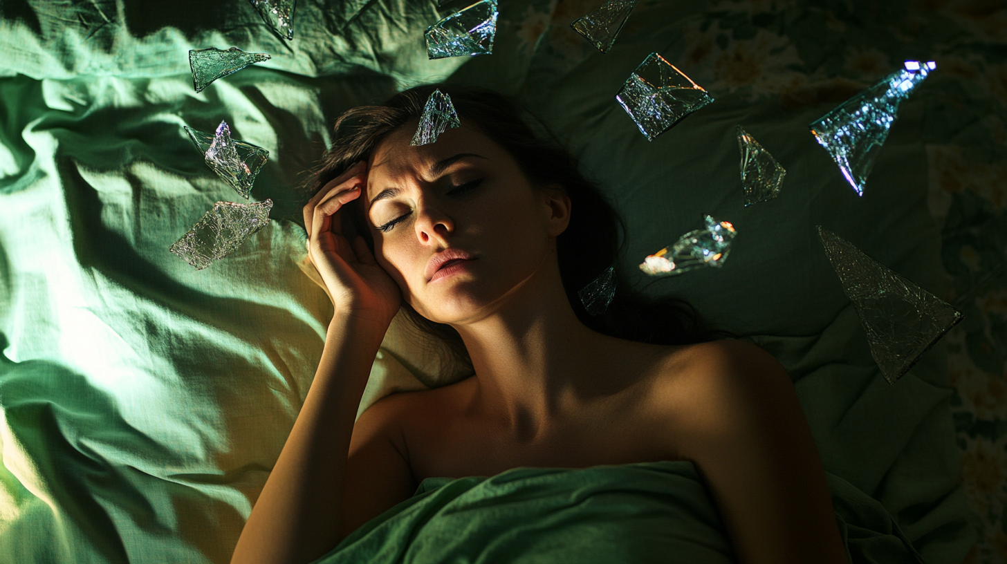 A Woman with sore throat surrounded by glass shards.