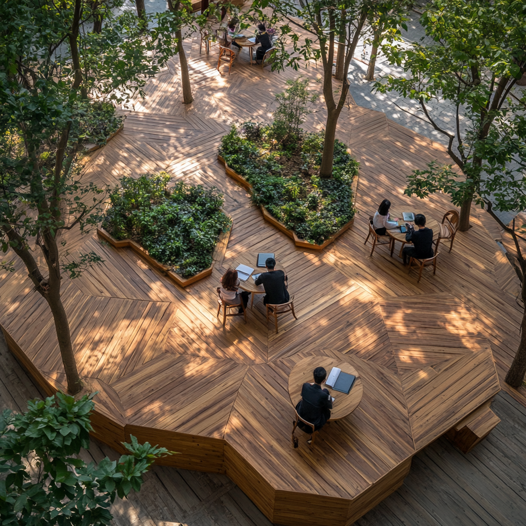 A Wooden Study Space with Round Platforms and Garden