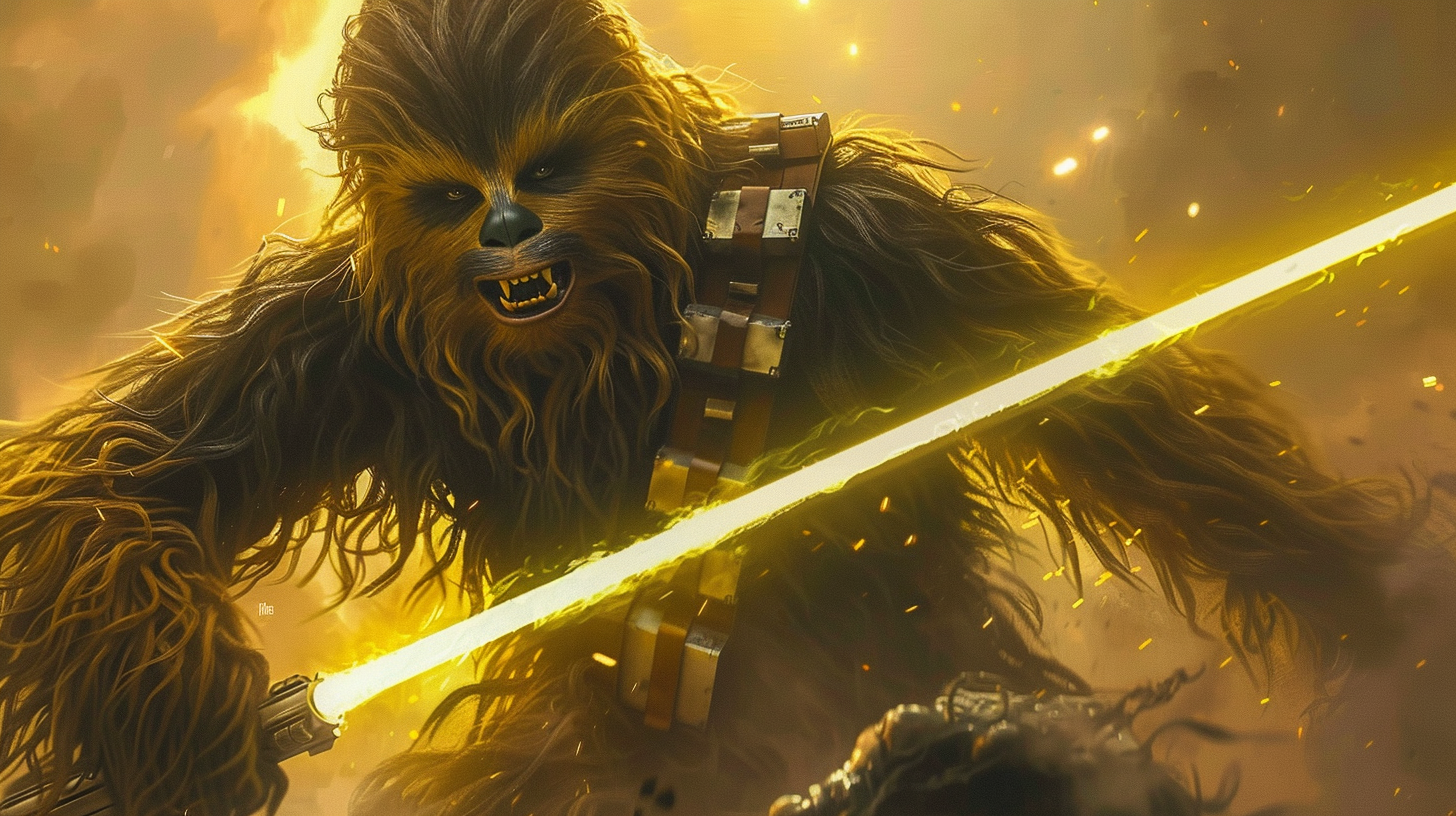 A Wookie Jedi battles Sith warrior in epic pose.