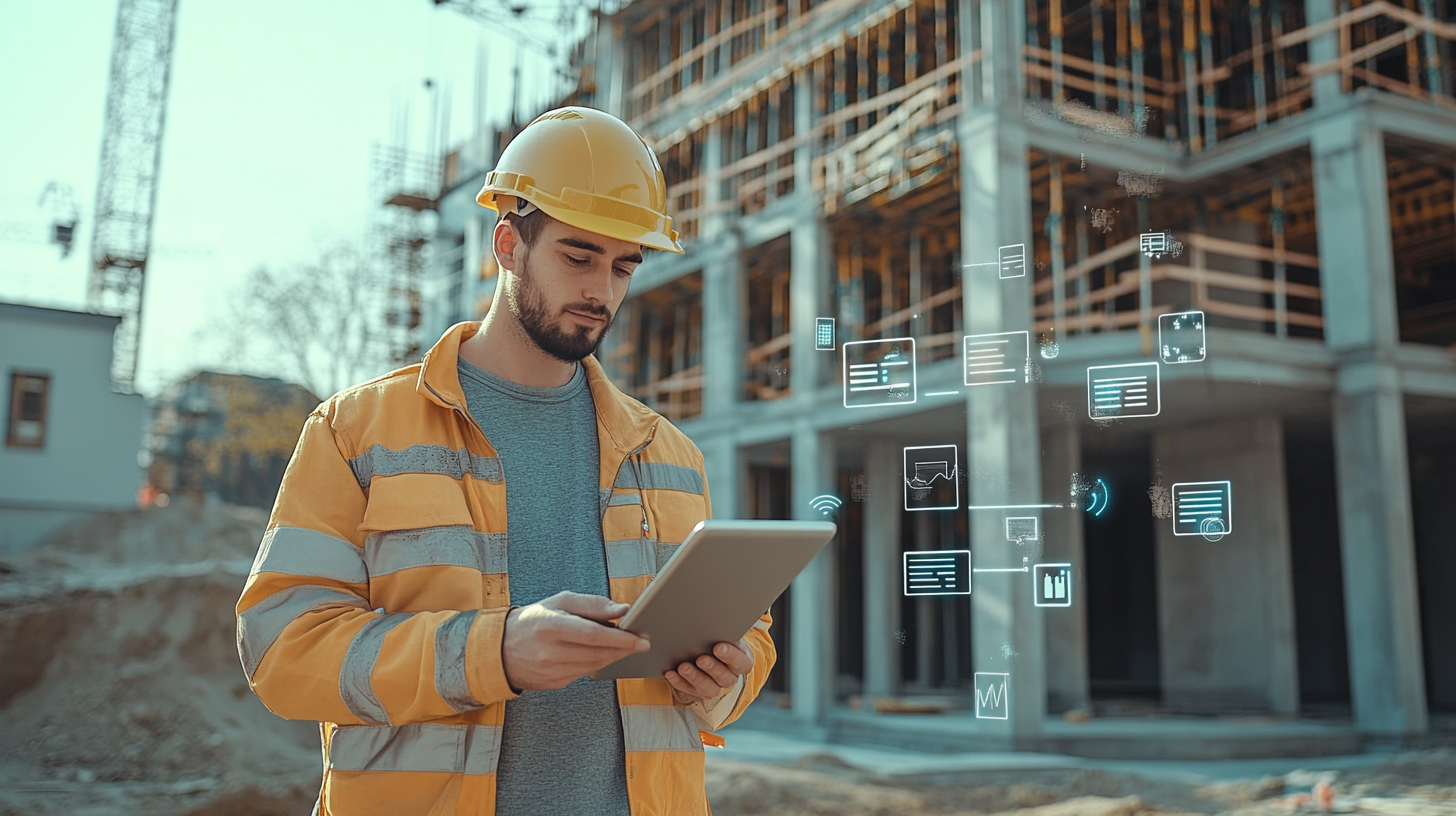 A Worker with a Tablet on a Construction Site