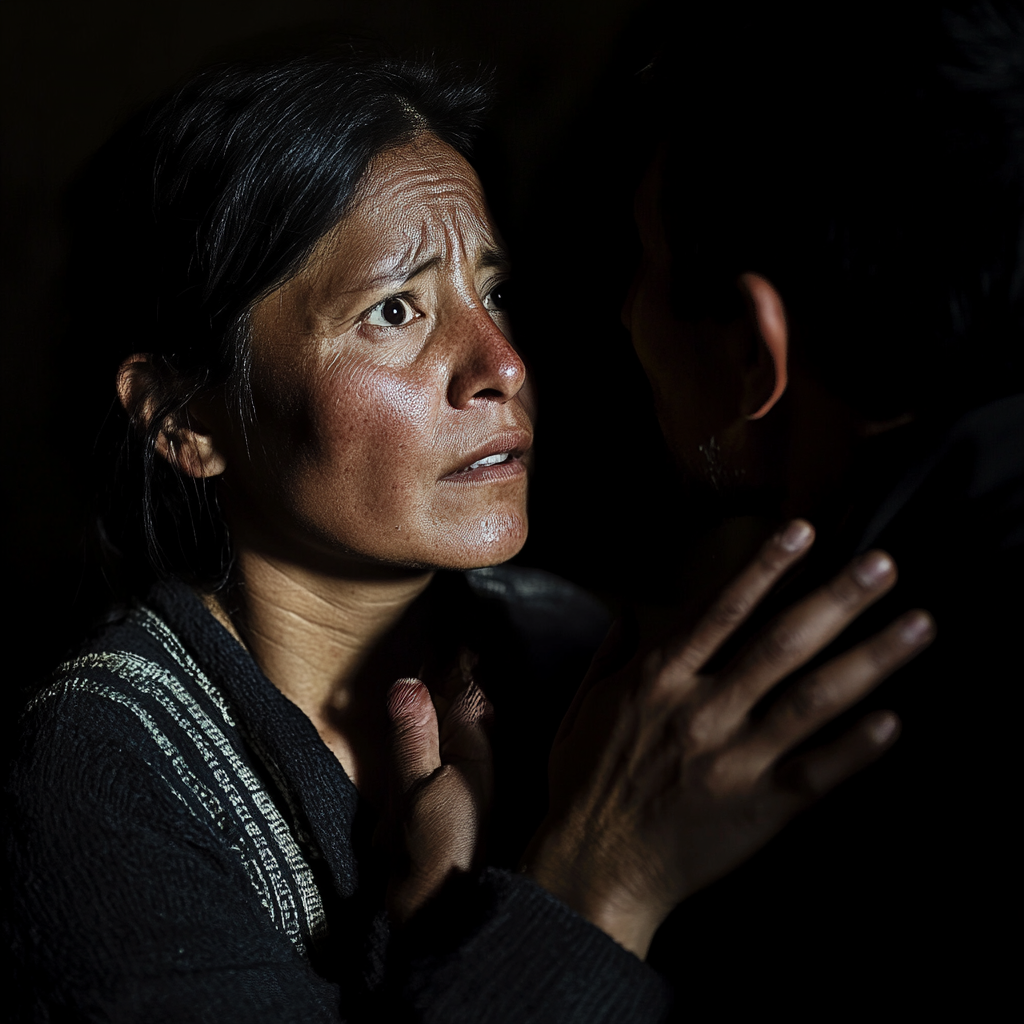 A Worried Bolivian Woman, Partner's Support Against Threat