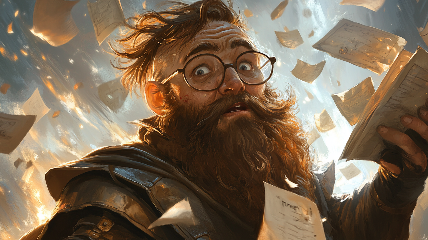 A Worried Dwarf Holding Shield Surrounded by Papers