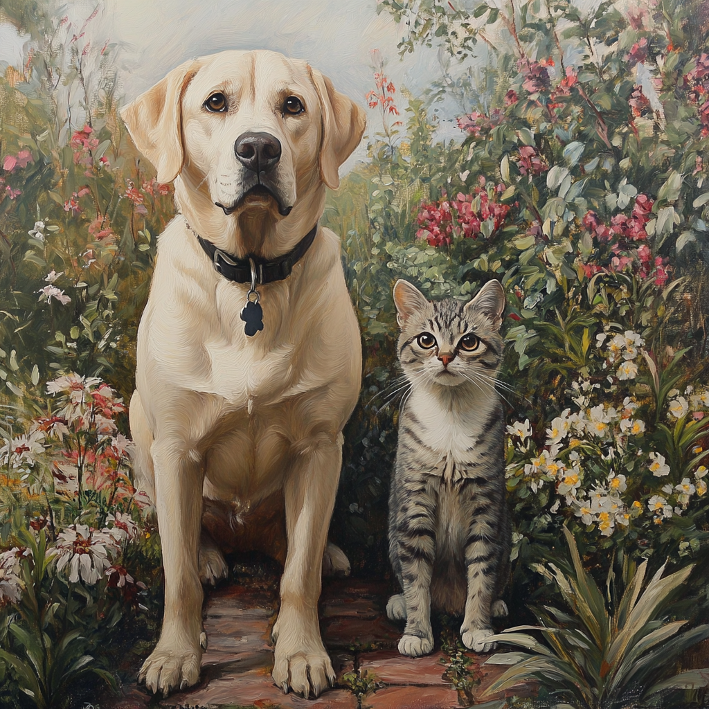 A Yellow Labrador and Tabby Cat in Garden