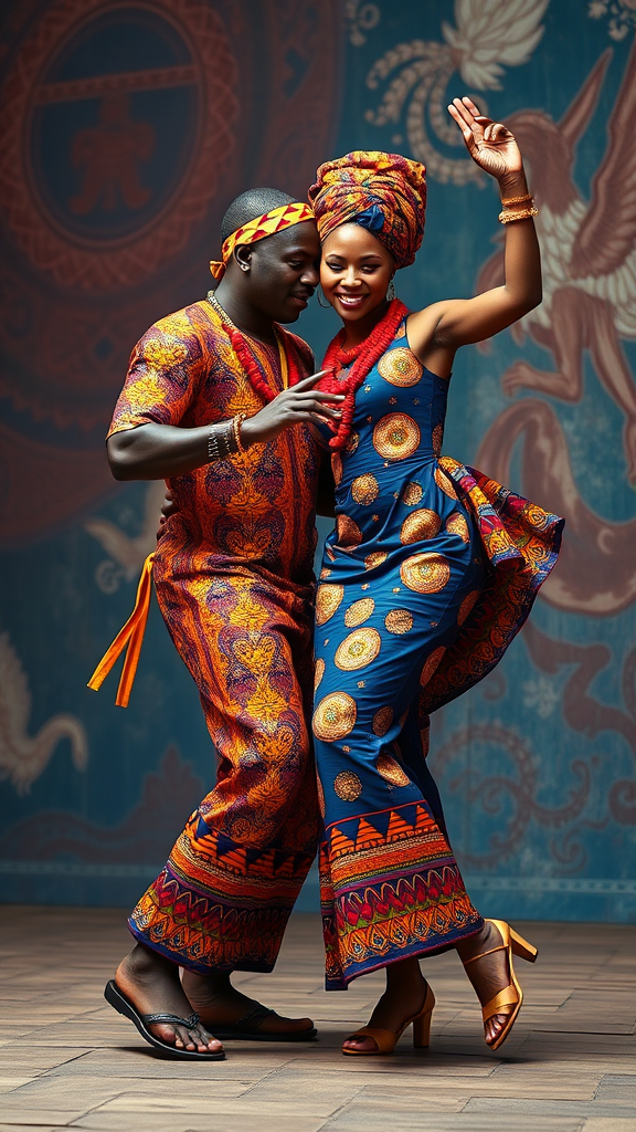 A Yoruba Couple Dancing in Colorful Outfits