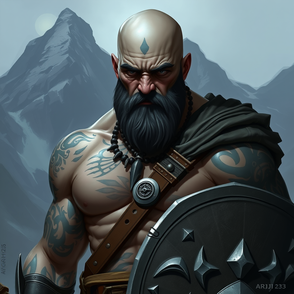 A Young, Bald, Goliath Warrior in Mountains