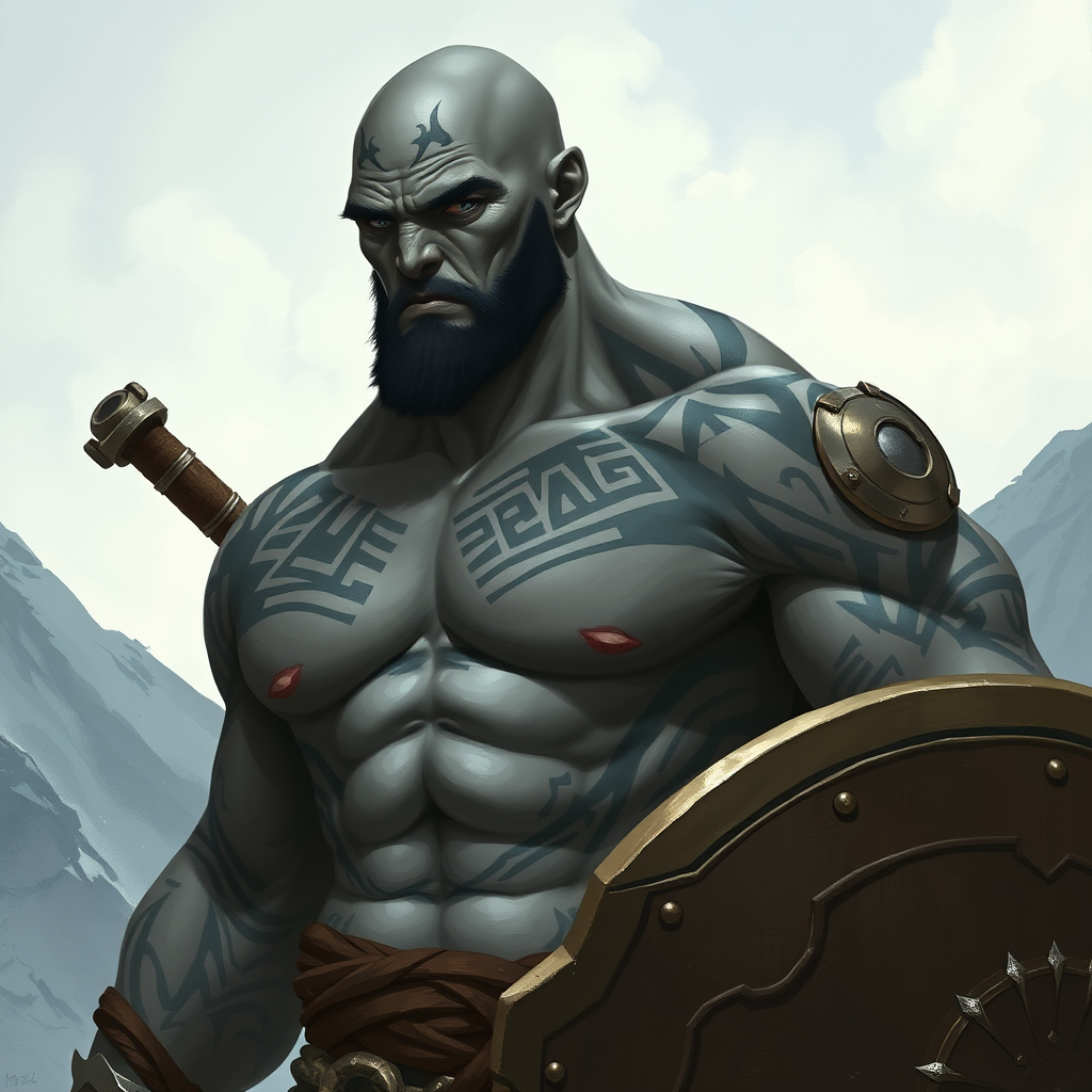 A Young, Bald Barbarian Against a Mountain Background