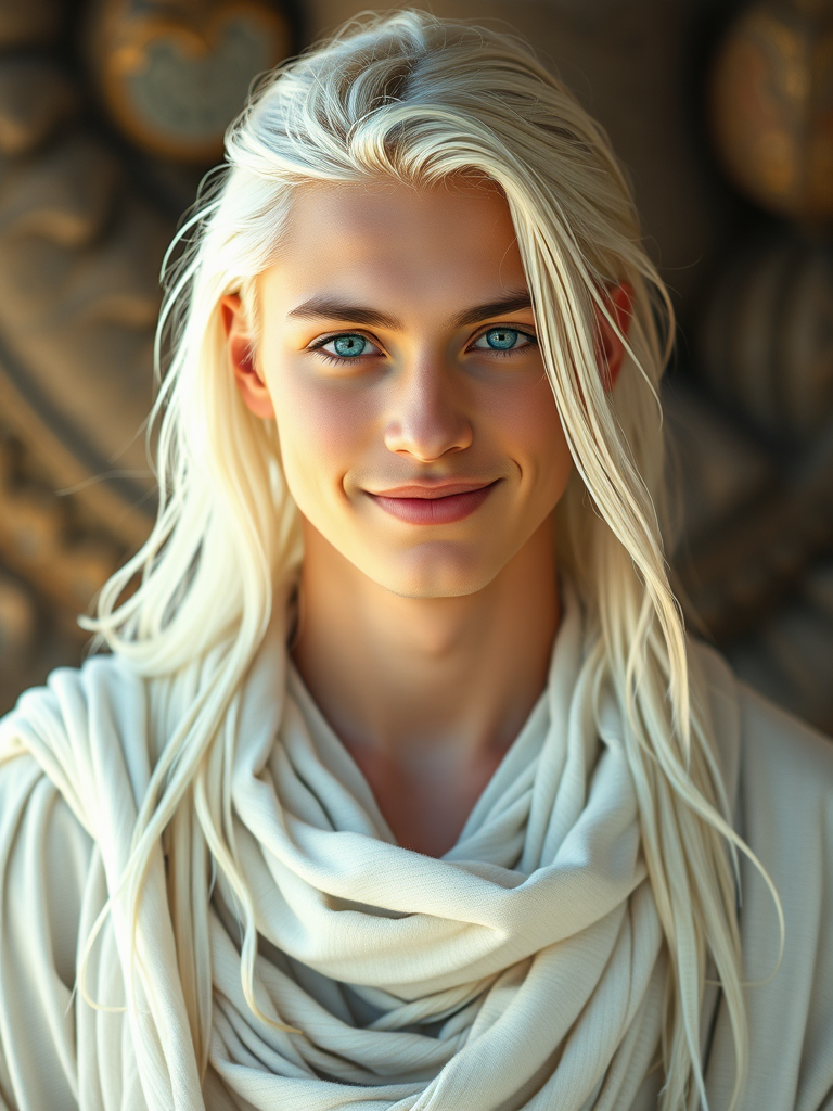 A Young, Smiling Man with Luminous Skin and Ethereal Garb