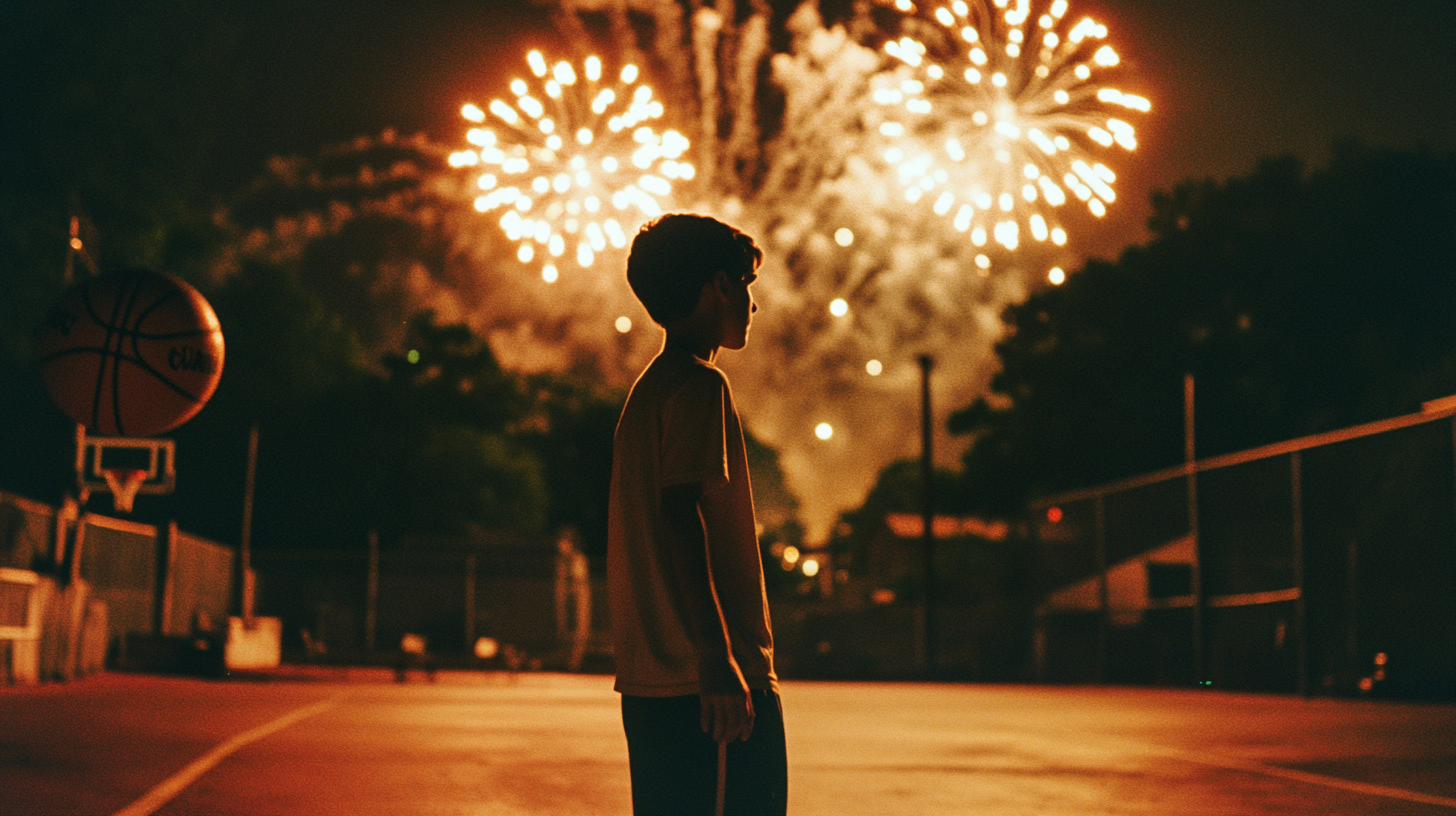 A Young Basketball Player Celebrates Victory at Night