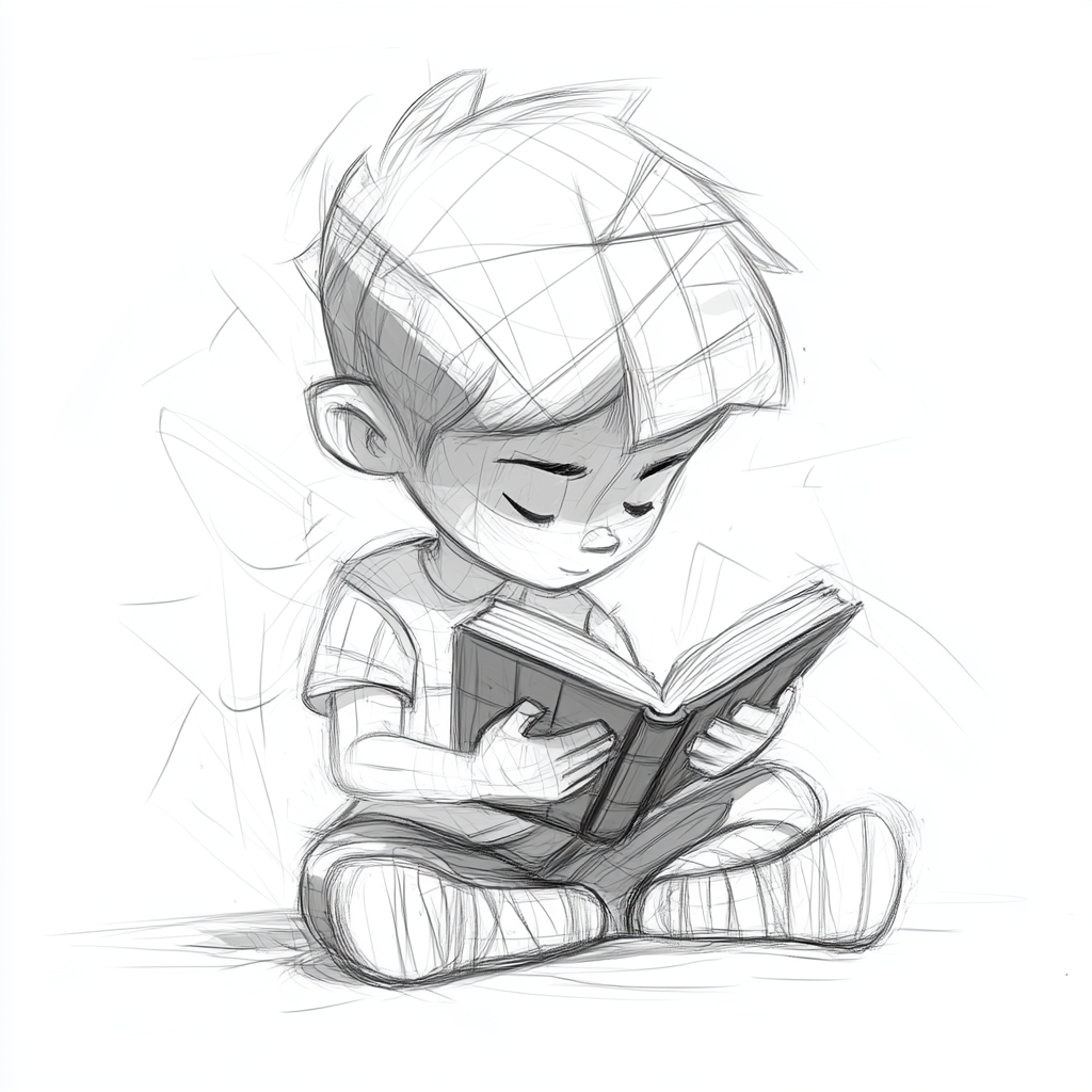 A Young Boy Reading Book with Geometric Shapes