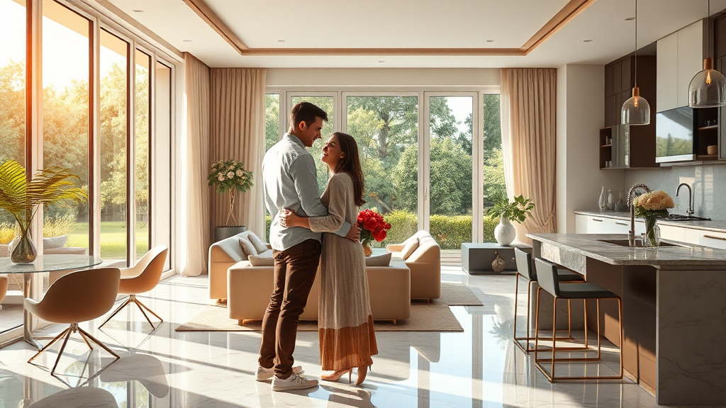 A Young Couple Discussing Property in Luxurious Kitchen-Living Room