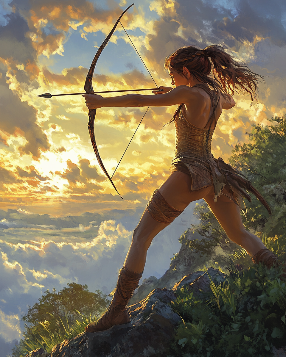 A Young Elven Girl Shooting Bow at Sunrise