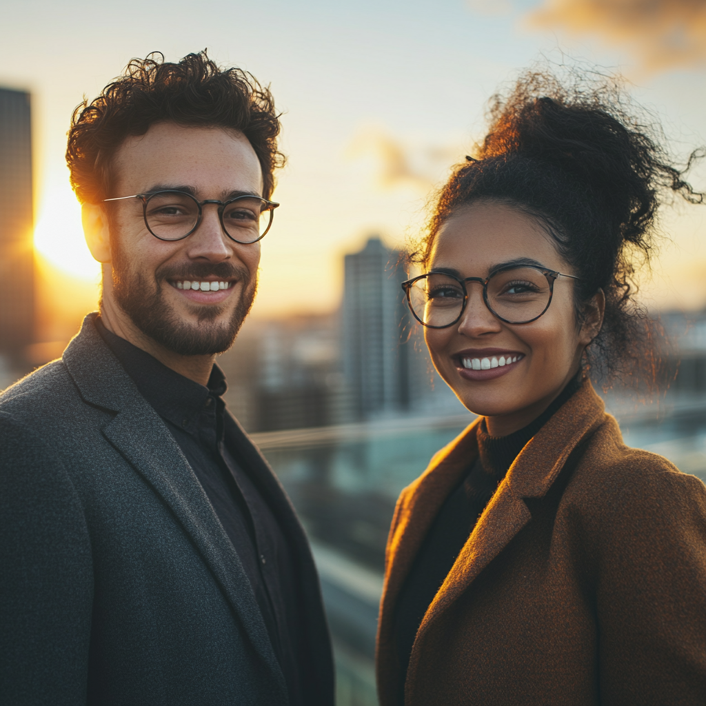 A Young Finance Professionals Smiling on Rooftop