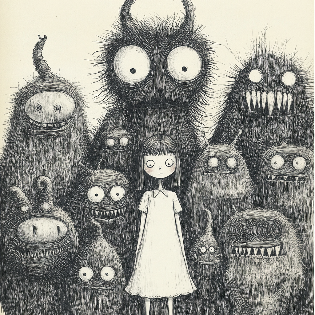 A Young Girl Among Surreal Monsters