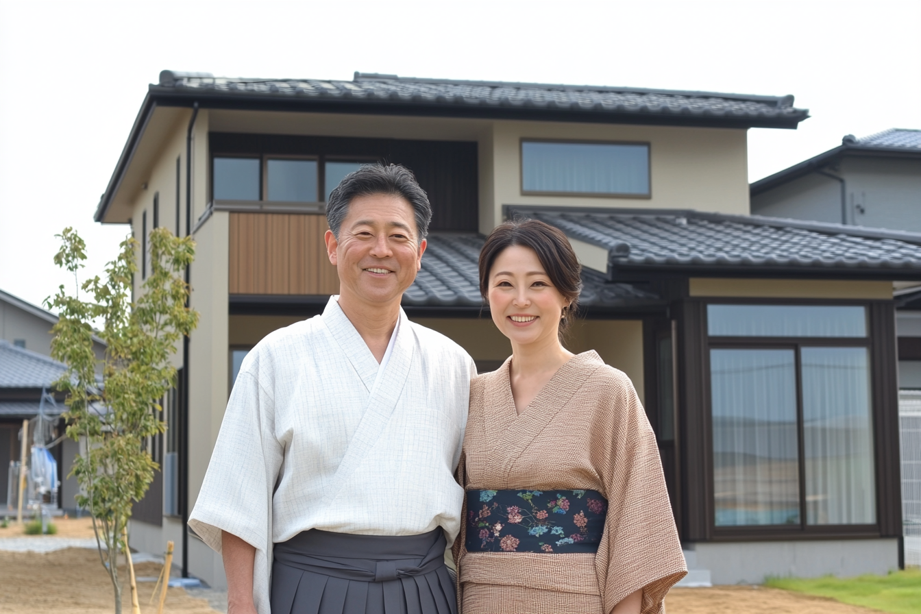 A Young Japanese Couple Standing in Front of Home