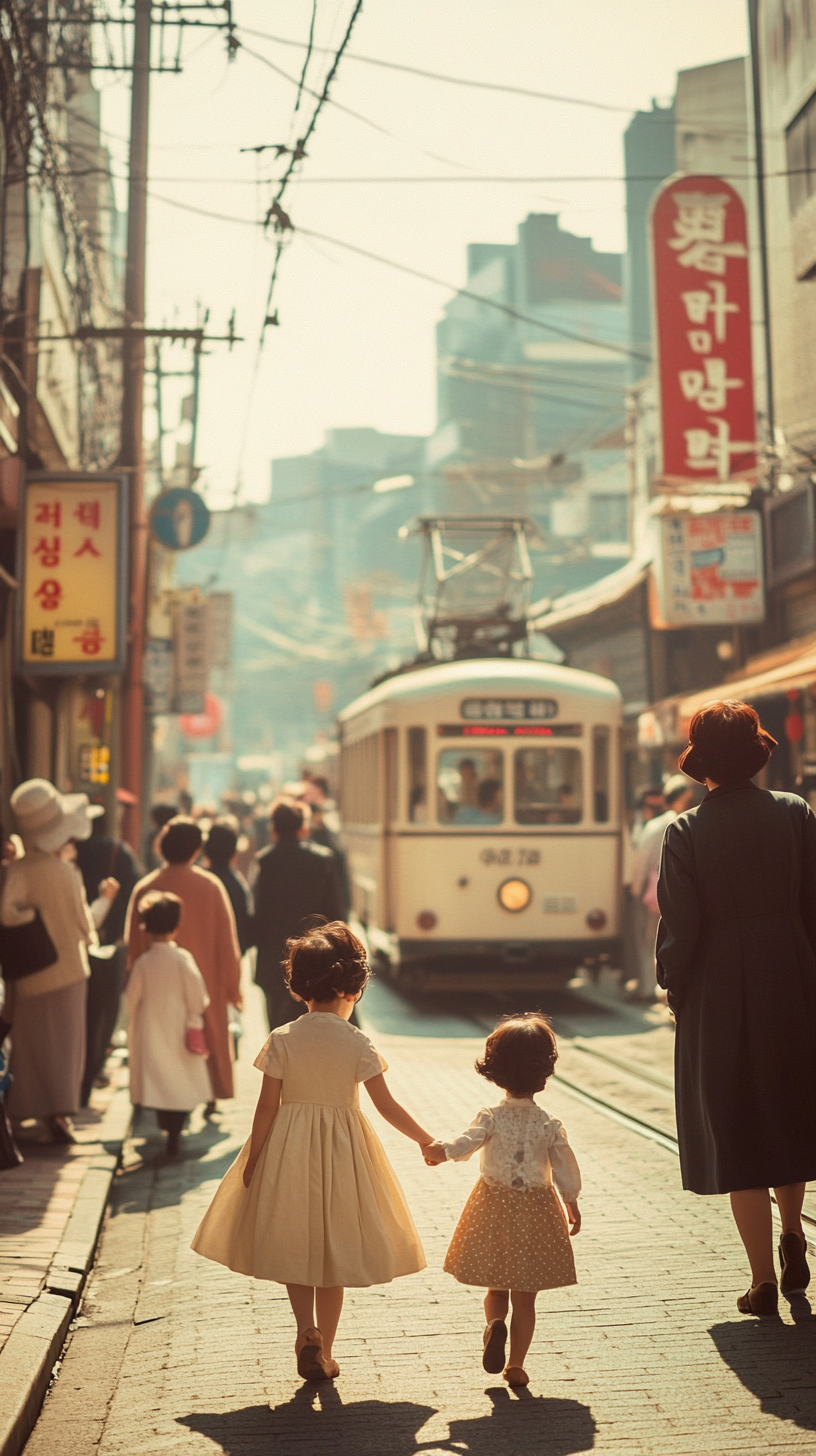 A Young Korean Girl and Her Mother in 1950s Busan