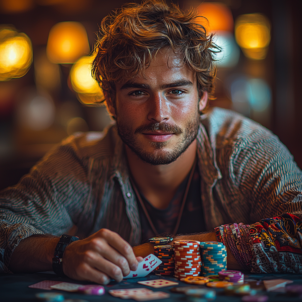 A Young Man Enjoying Poker Night Fun