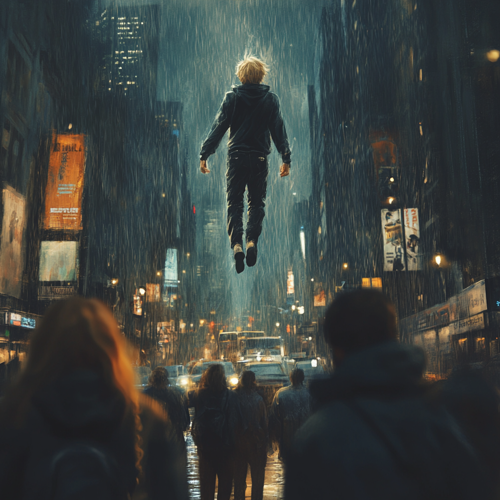 A Young Man Floats Above Crowded Rainy Street