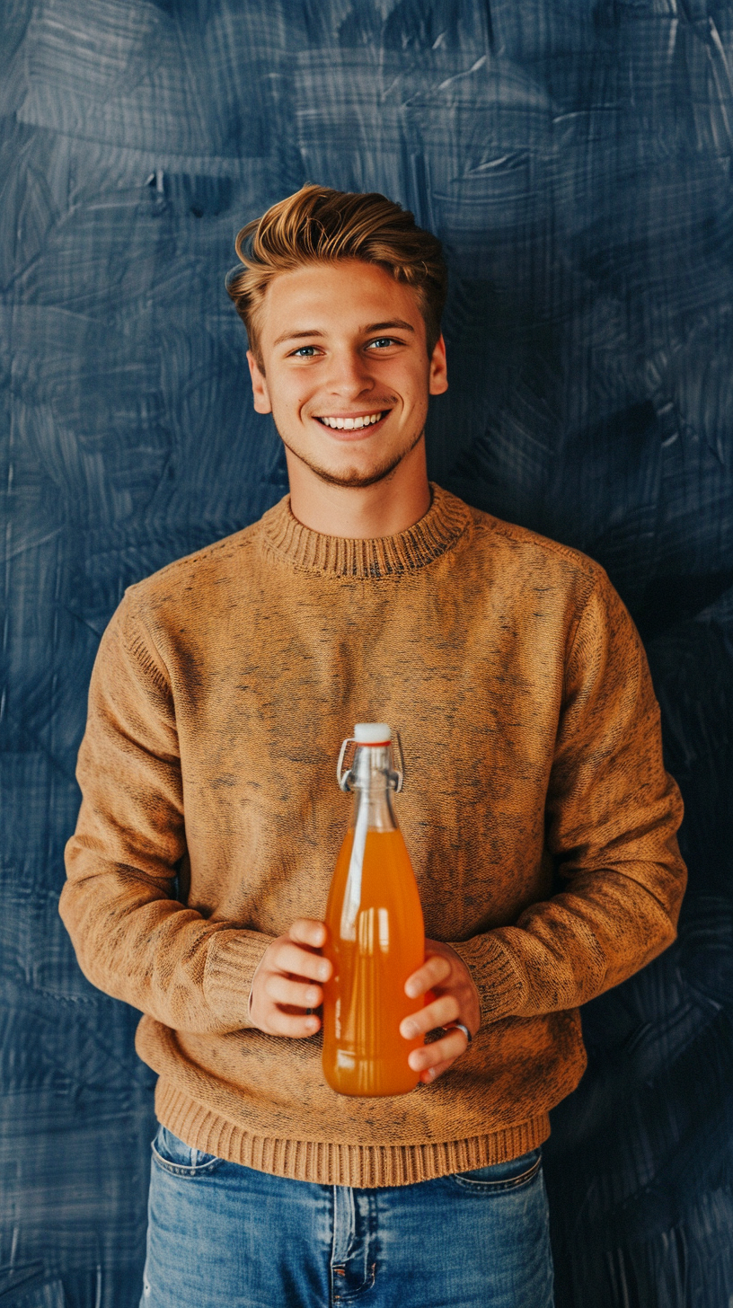 A Young Man Holding Orange Juice Bottle