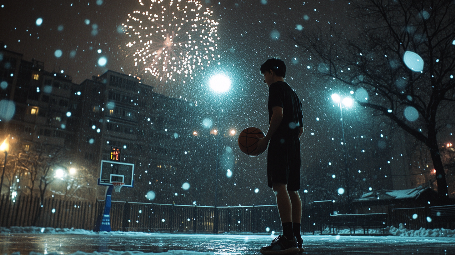 A Young Man Playing Basketball Amidst Fireworks, Rain and Snow