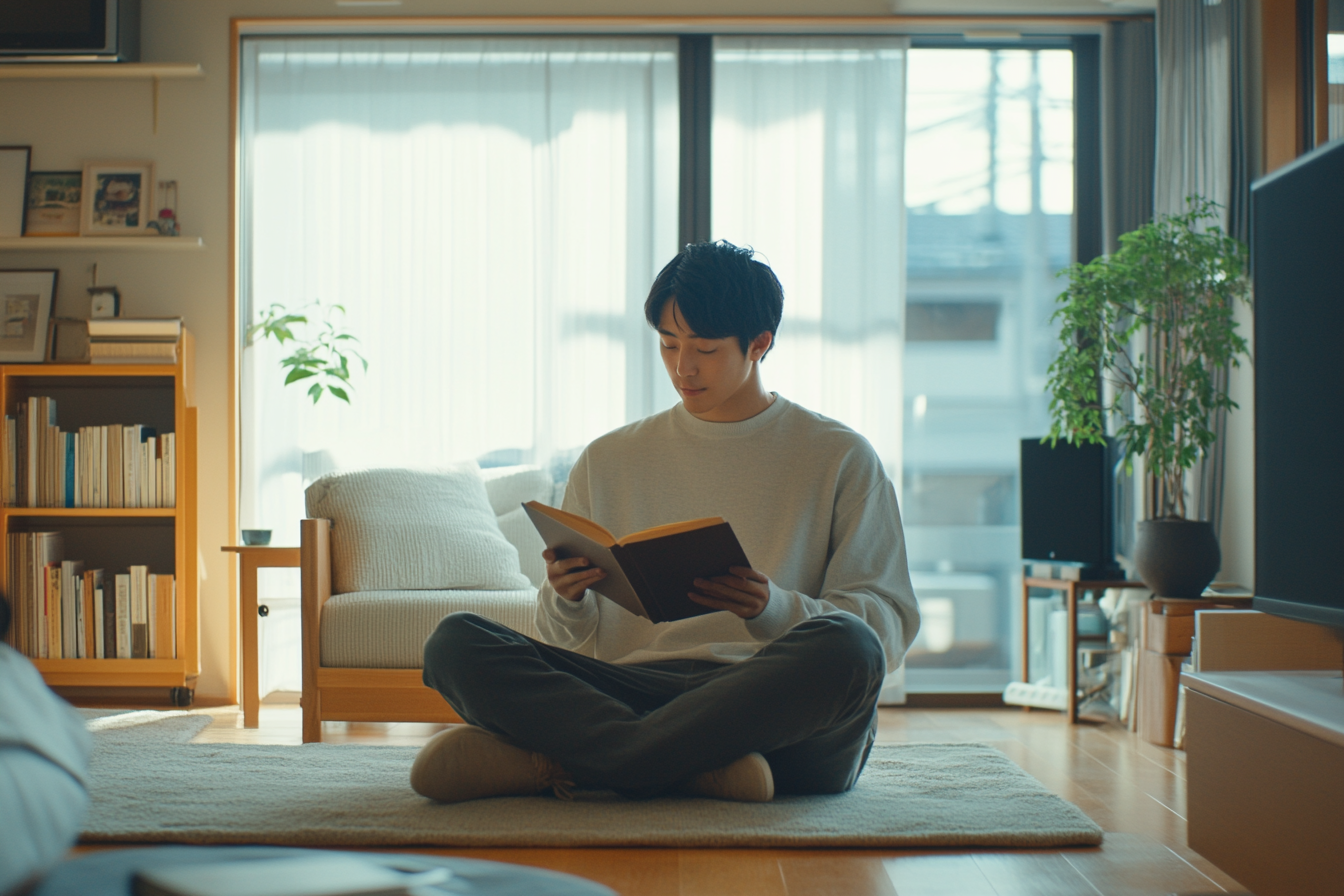 A Young Man Reading in Cozy Living Room