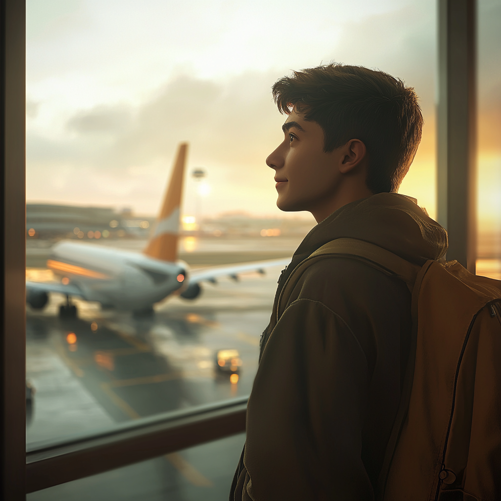 A Young Man Watching Planes at the Window