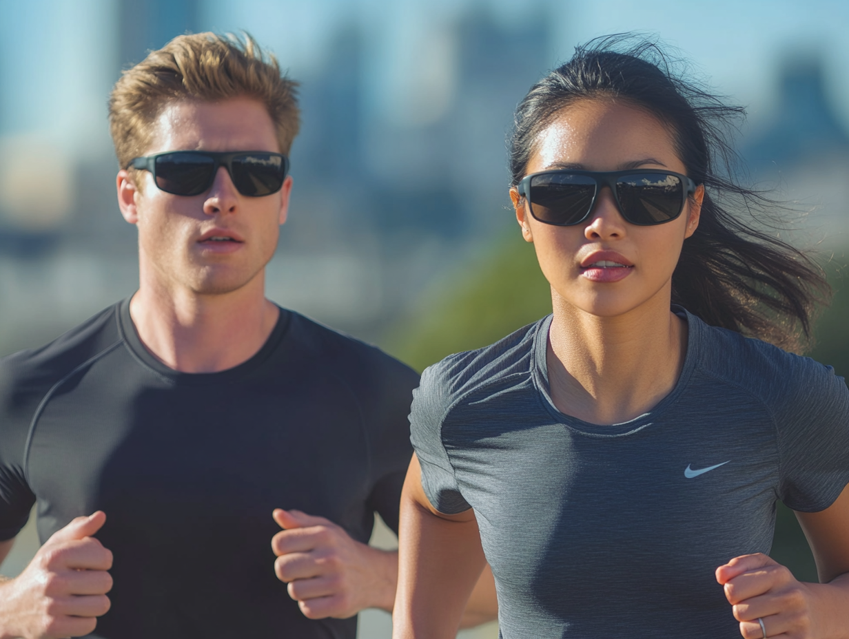 A Young Man and Woman Jogging in City