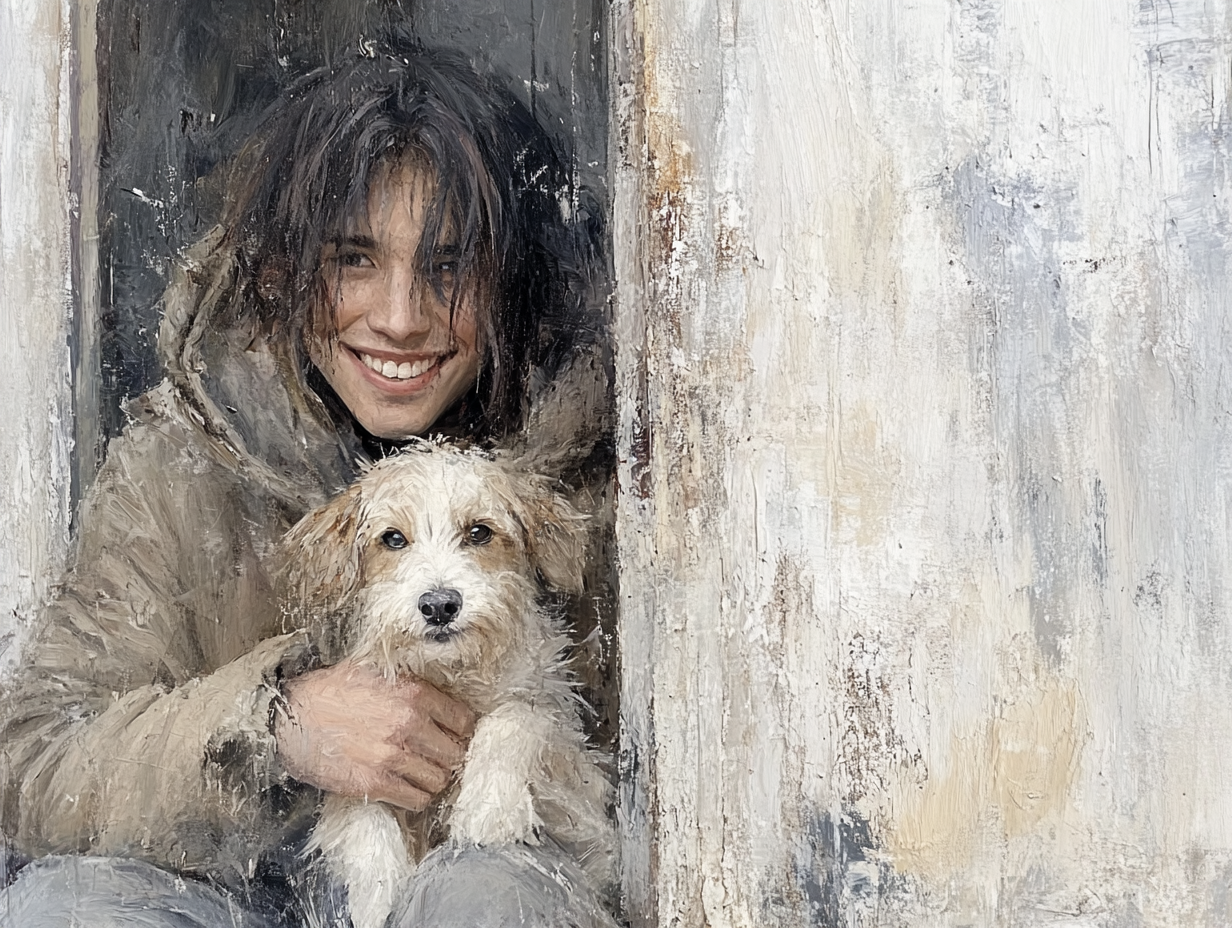 A Young Man and his Dog in Snow