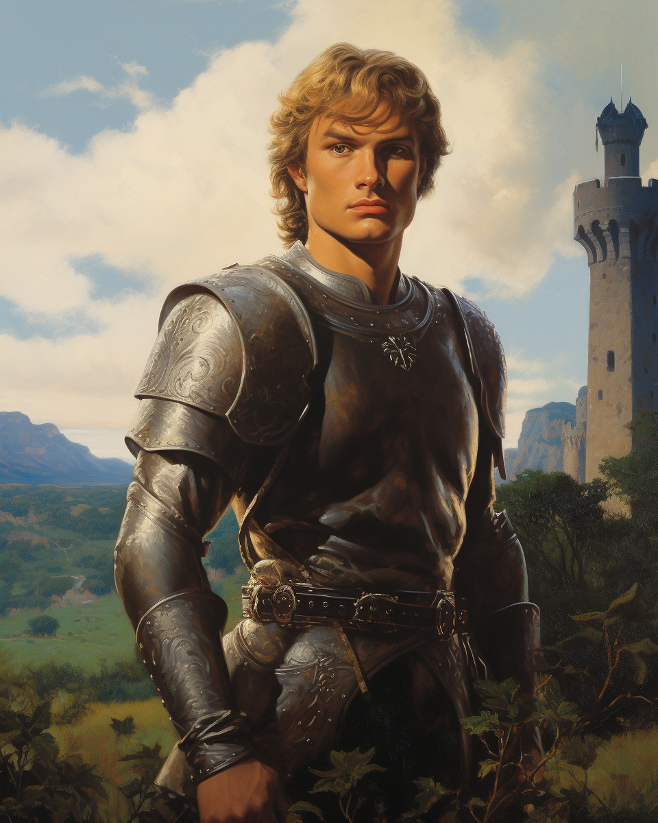 A Young Man in Armor in Field with Castle