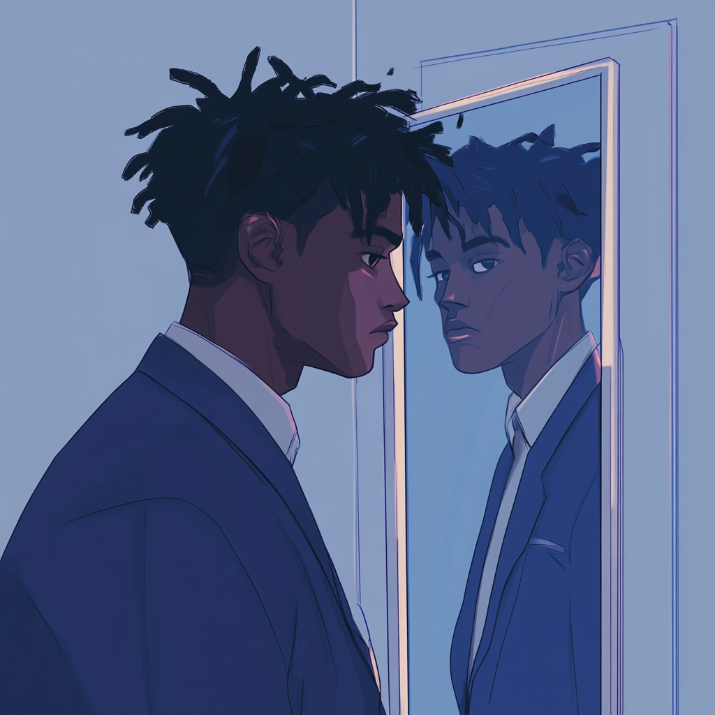 A Young Man in Suit Looking in Mirror