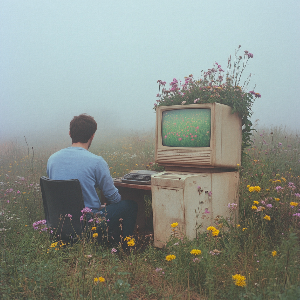 A Young Man with Flowers in Vintage Computer