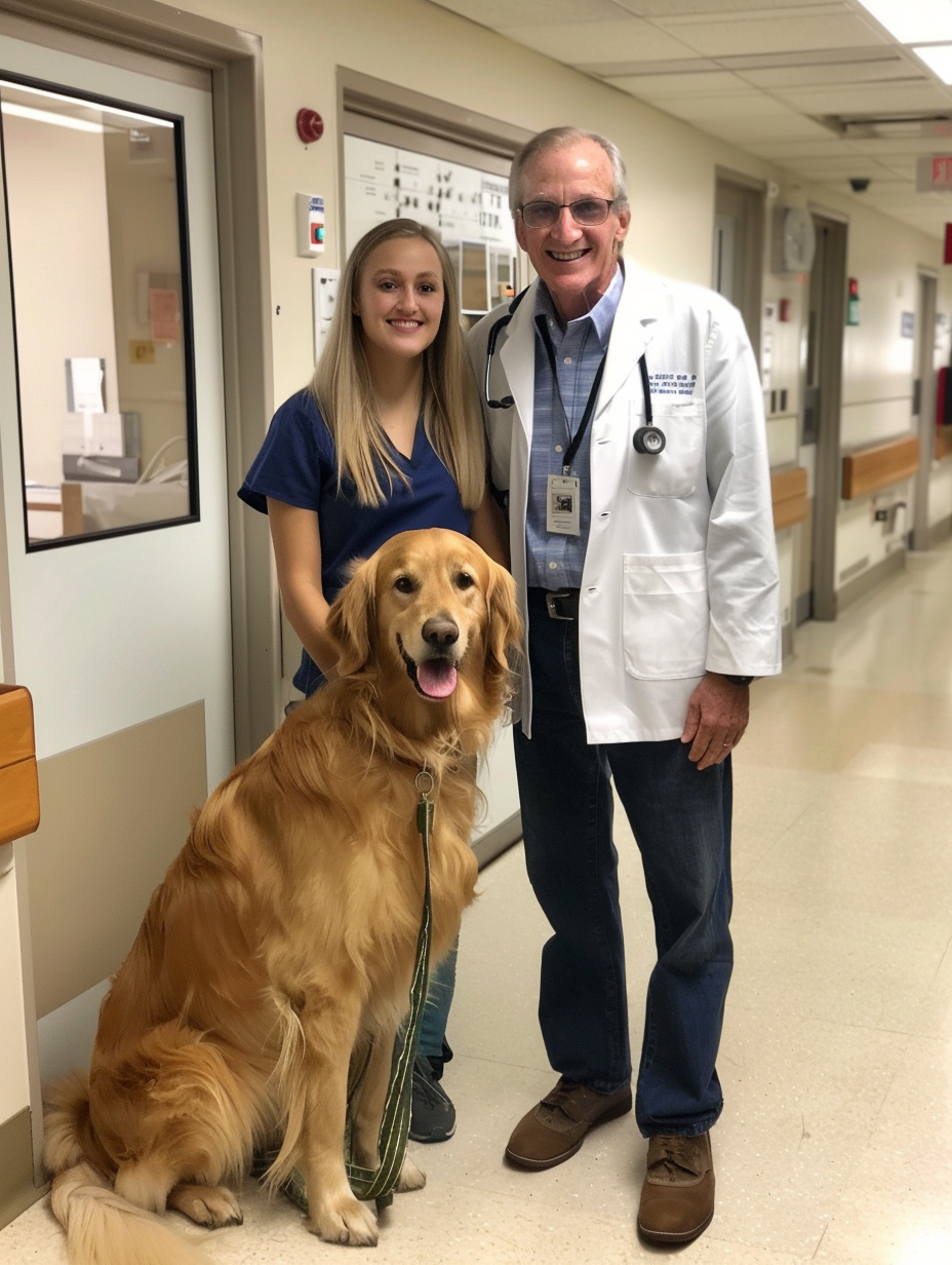 A Young Model, Doctor Dad and Dog in Hospital